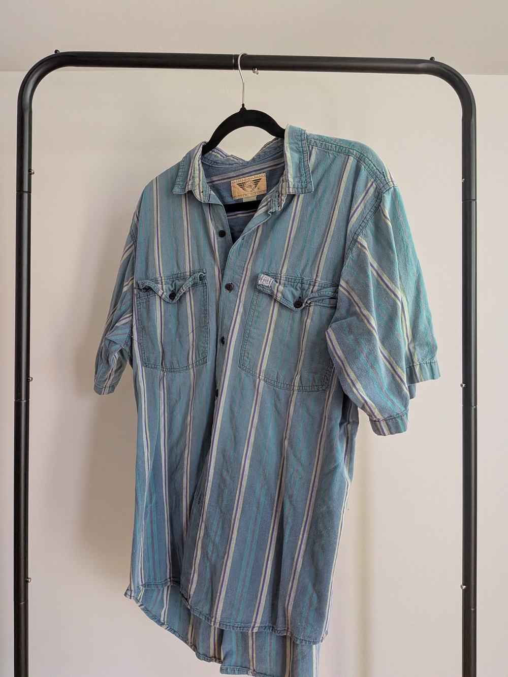 Vintage Men's Light Blue Striped Short-Sleeve Shirt